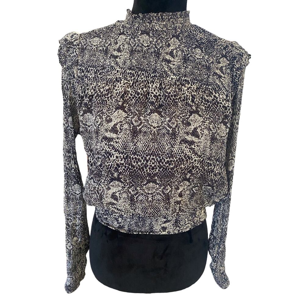 FREE PEOPLE WOMEN’S SNAKESKIN ANIMAL PRINT BLOUSE BLACKANDGREY SM